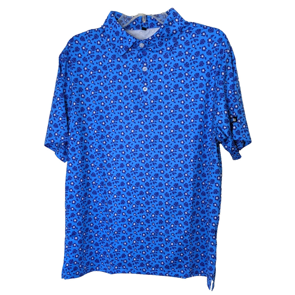 Brisara Mens Golf Shirt Moisture Wicking Medium Blue Floral Polo Shirt